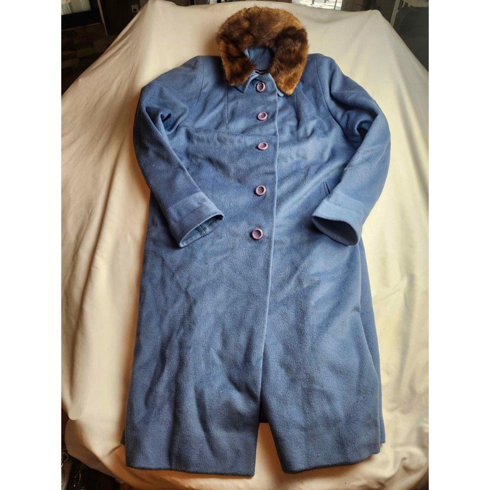 Vintage Periwinkle Blue Wool Long Coat Detachable Fur Collar Purple Buttons 14